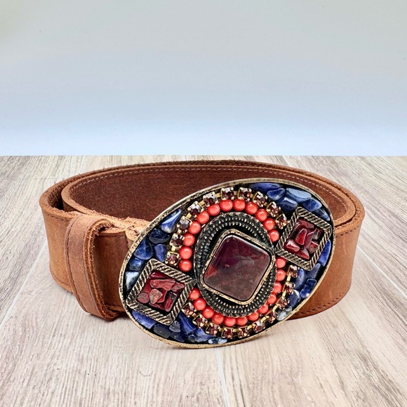 Leatherock Brown Leather Belt w/ Beautiful Stone Embellished Buckle XS 28”-32” main image 14
